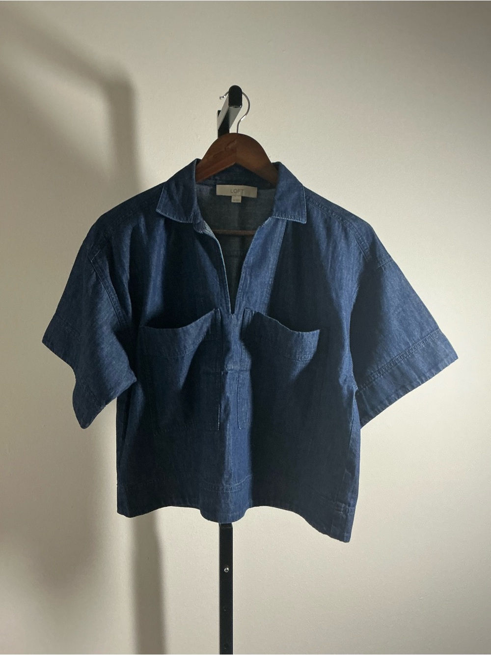 LOFT | 100% Cotton Short-Sleeve Cropped Denim Popover Shirt